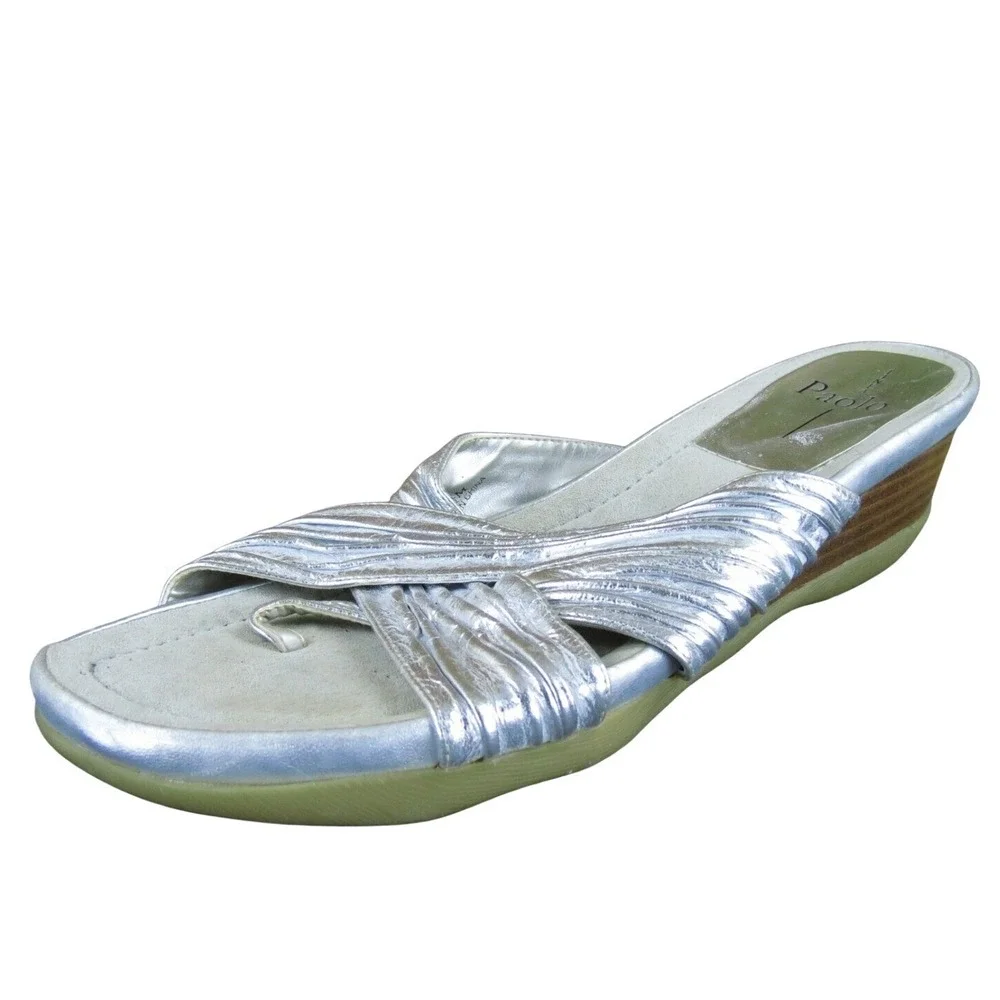 Linea Paolo Silver Metallic Criss Cross Toe Thong Wedge Sandals Slides Size 10.5